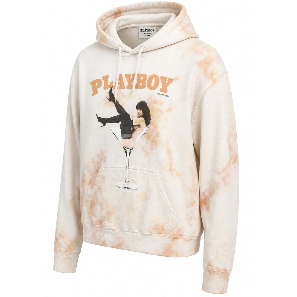 Playboy Hoodie Mens Small Martini Glass Graphic Orange Tie Dye Regular Fit 2010s